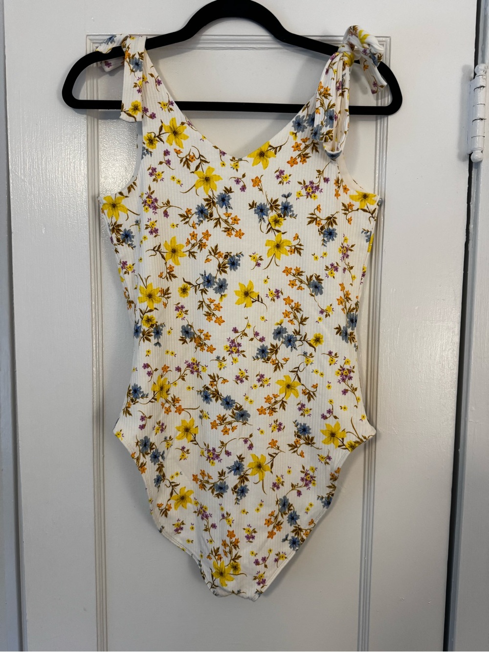 Old Navy White One-Piece Bodysuit with Yellow, Blue & Purple Floral Print